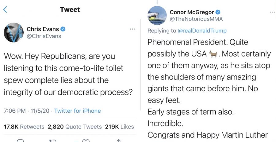 Left: Actor Chris Evans expresses his frustration with Republicans. 

Right: Irish Wrestler Conor McGregor praises President Trump. 