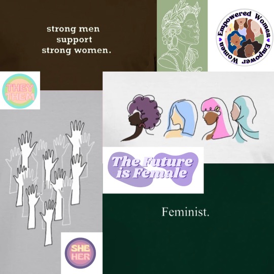 A collage of Women in Leadership merch designs created by Mitra Salari and Alicia Blanco
