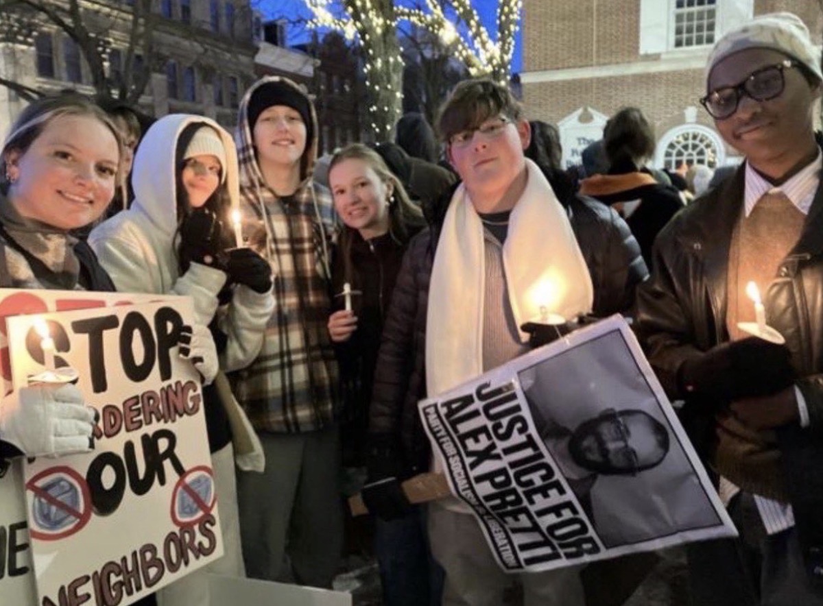 Organizers Salina Chauhan, Ethan Mellinger, Claire Nauman and Brody Ketner, along with two Conestoga Valley students, at the Jan. 30 anti-ICE protest in Lancaster City. Photo credit: Ashley Stalnecker, LNP reporter 

