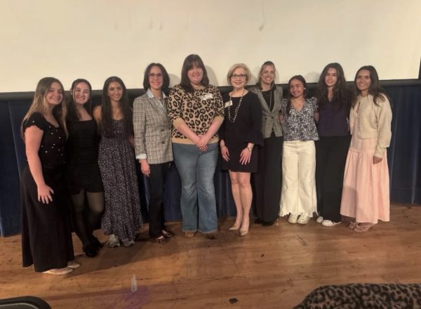 Club officers Wyatte Lyons, Júlia Ramos, Esha Patel, Lily Burge, Bea Martin and Claire Miller with forum speakers Nicole Dannehl, Austin Carter, Laura Medvic and Laura Miller. Photo credit: @mths.wil on Instagram